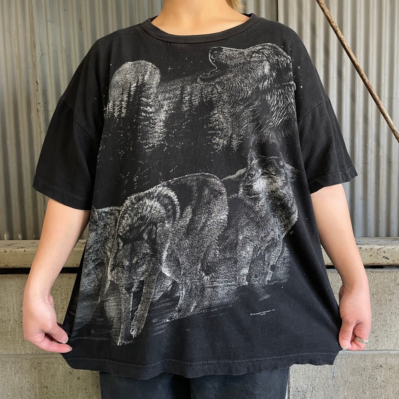 90年代 アニマル オオカミ オーバープリントTシャツ メンズXL 古着 