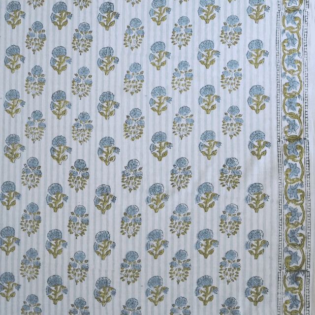 ブロックプリント生地【50cm単位】インド綿  片耳デザイン付き 小花柄 白×くすみブルー #54610-BL1