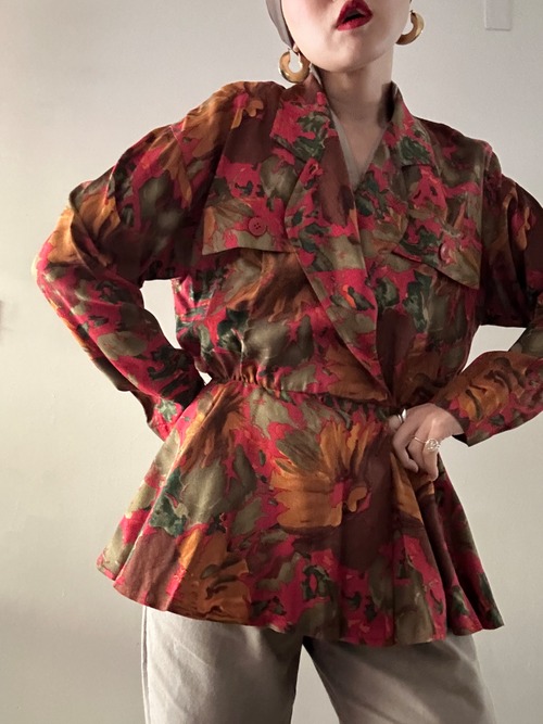 80s Vintage Floral Silk Blouse Jacket
