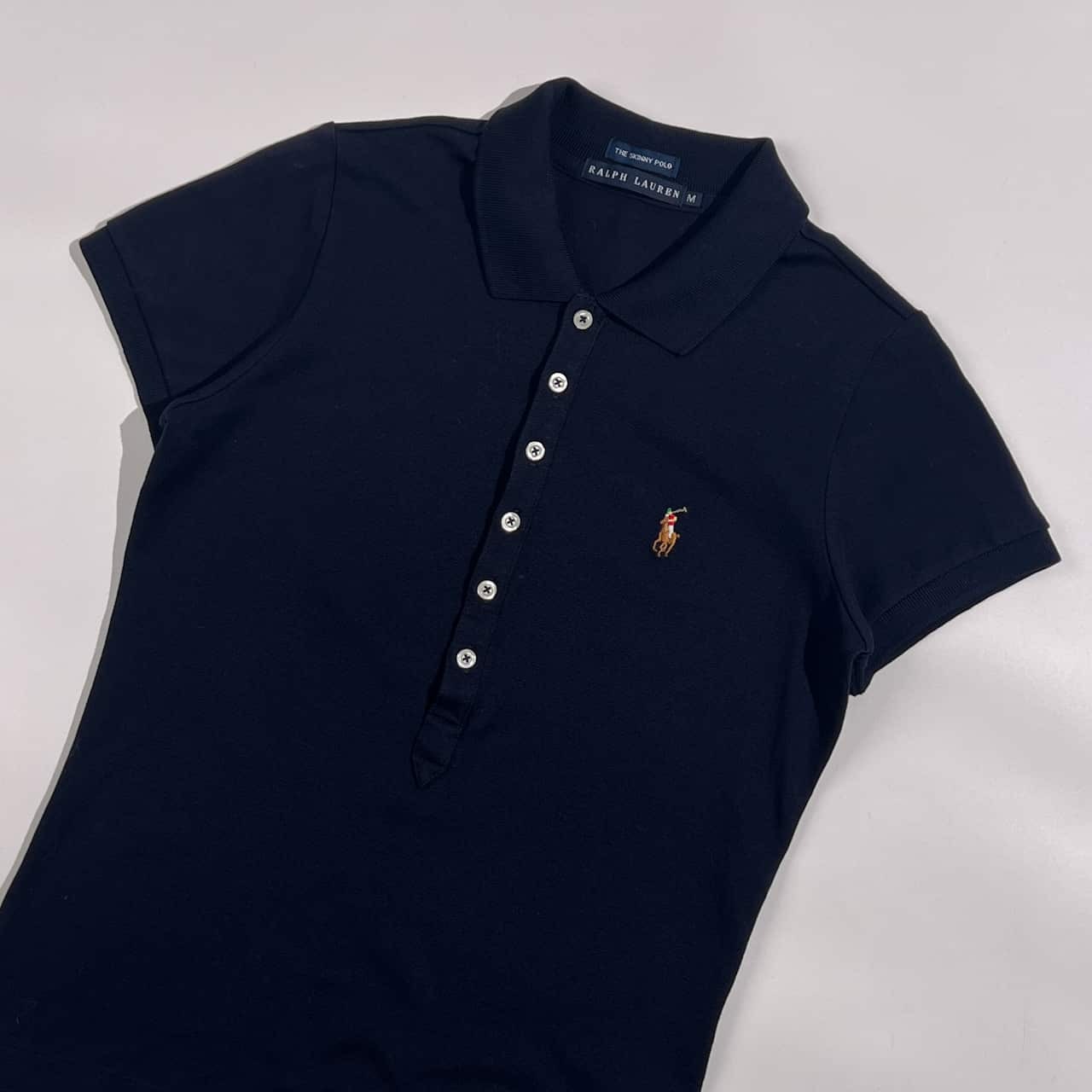 90s RALPH LAUREN ラルフローレン THE SKINNY POLO 鹿の子 半袖 ポロシャツ M /ネイビー系 レディース ビンテージ
