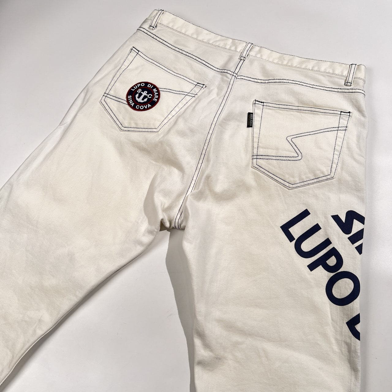 SINA COVA シナコバ BIGロゴプリント ストレッチ ホワイト デニム パンツ サイズ 96 /メンズ 大きいサイズ 日本製 マリン/ネイビーステッチ