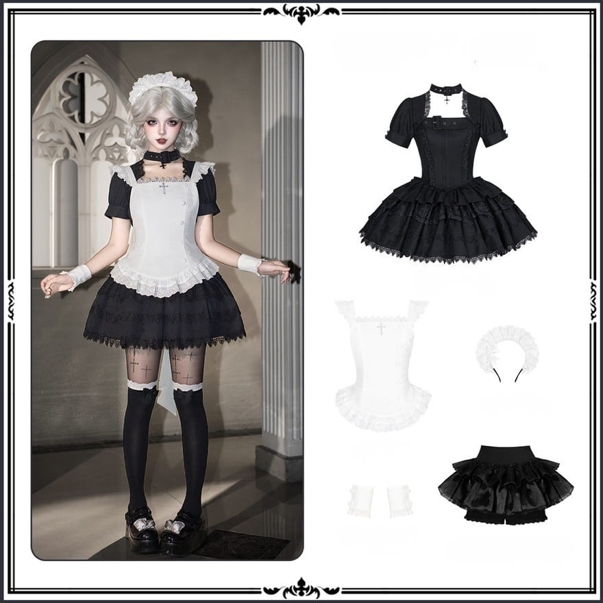 ゴスロリメイド｜黒レースOP5点セット（ブラック）コンカフェ制服