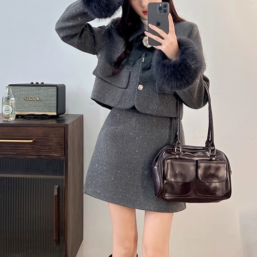 【2点セット】ポイントファーリボングリッタージャケット＋ミニスカート ・73045