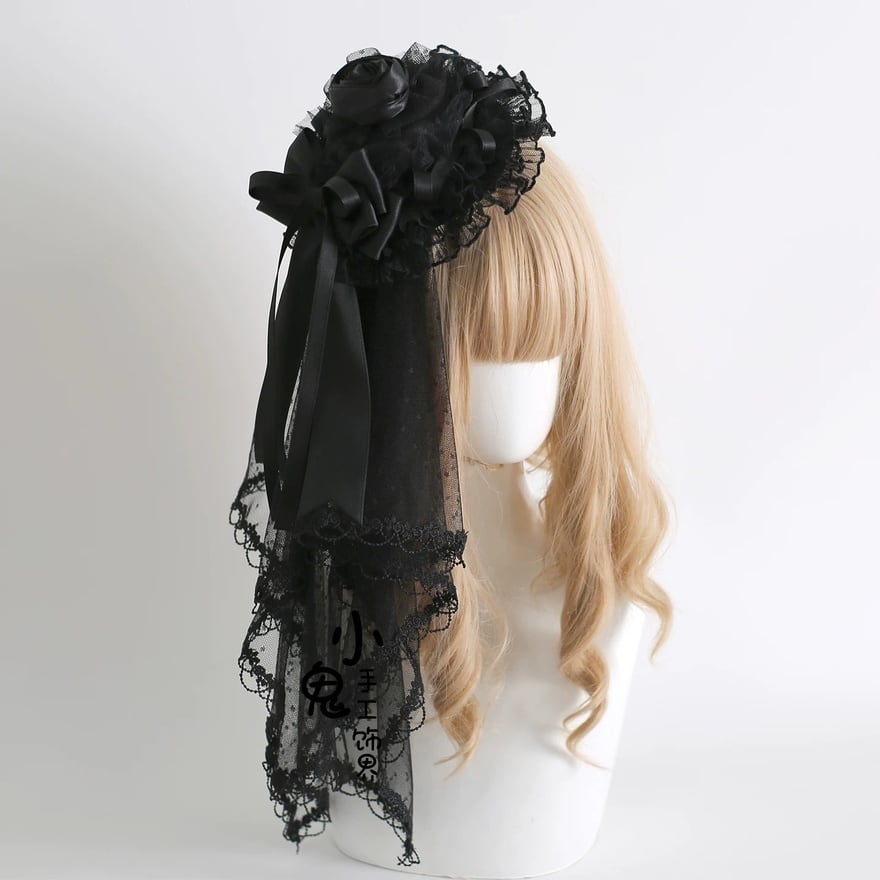 ゴスロリ 黒薔薇ベール付きミニハット お茶会ヘッドドレス