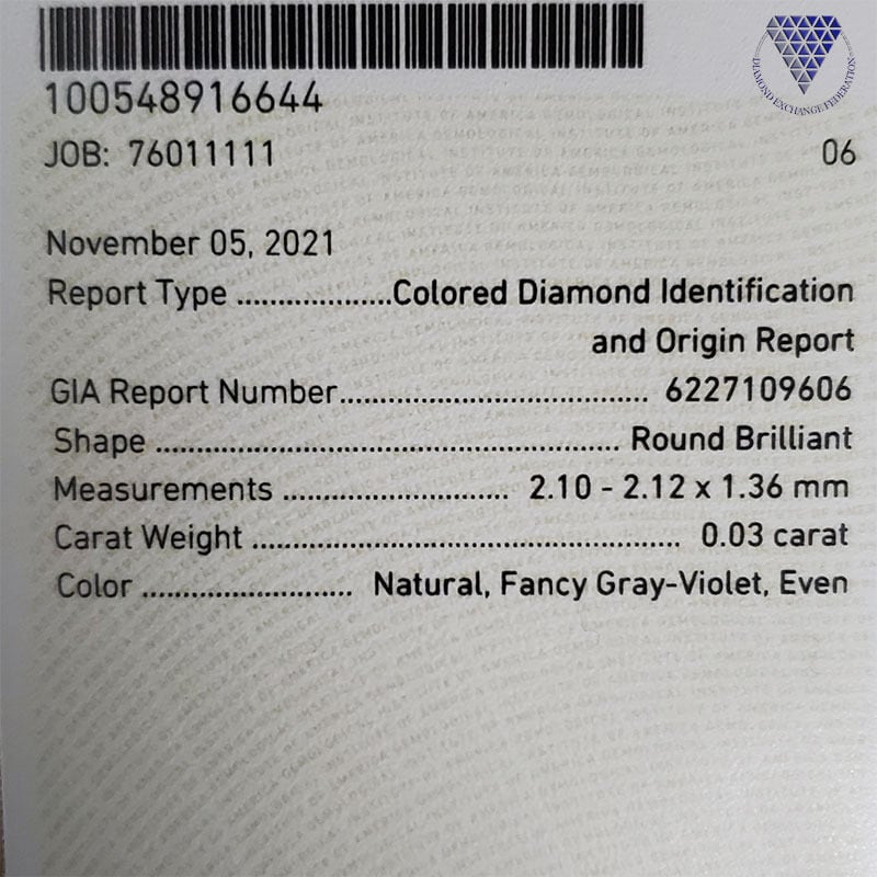 0.03 ct Fancy Gray Violet GIA 天然 グレイ(グレー） ヴァイオレット (バイオレット） ダイヤモンド ルース ラウンド  | DIAMOND EXCHANGE FEDERATION