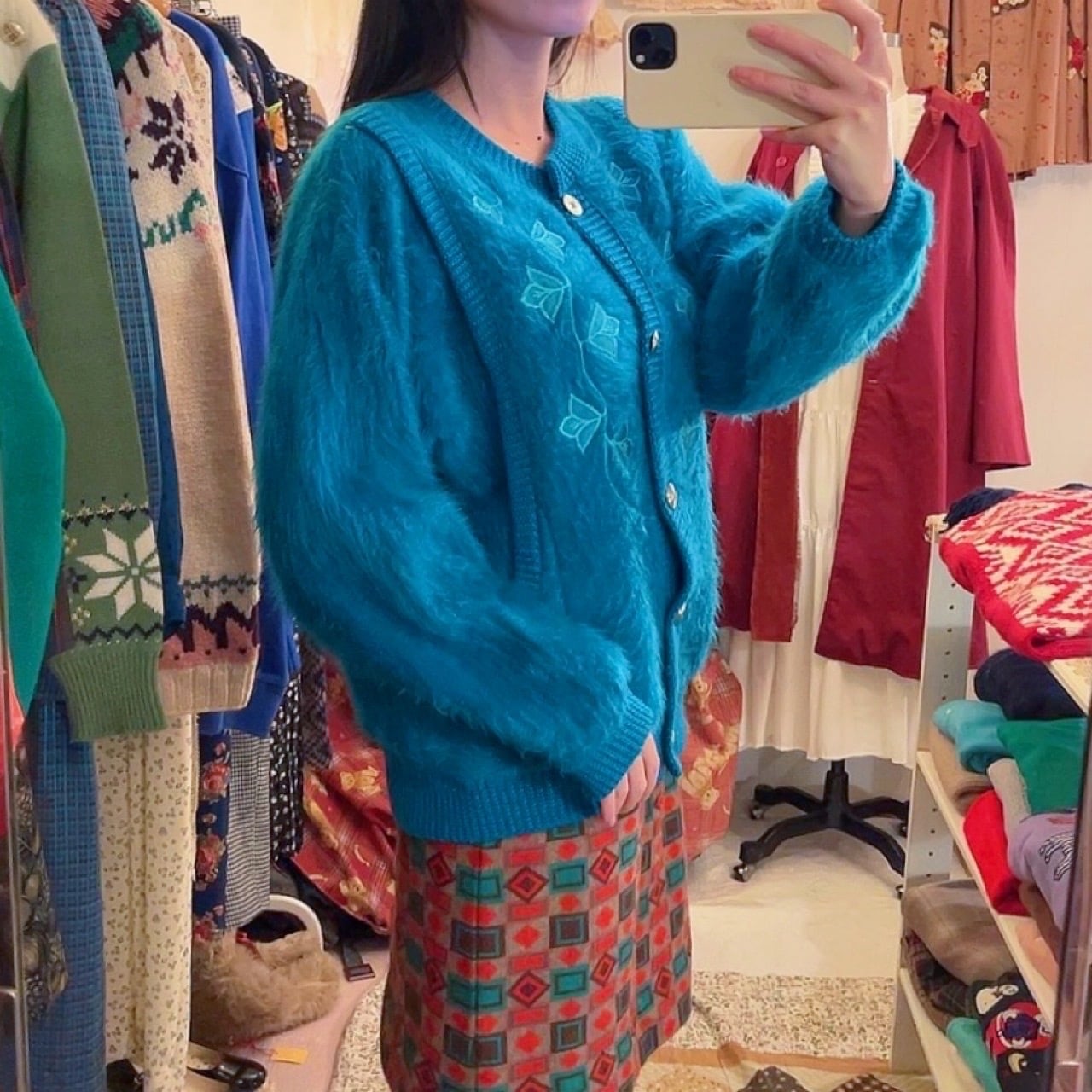 peacock green shaggy knit cardigan