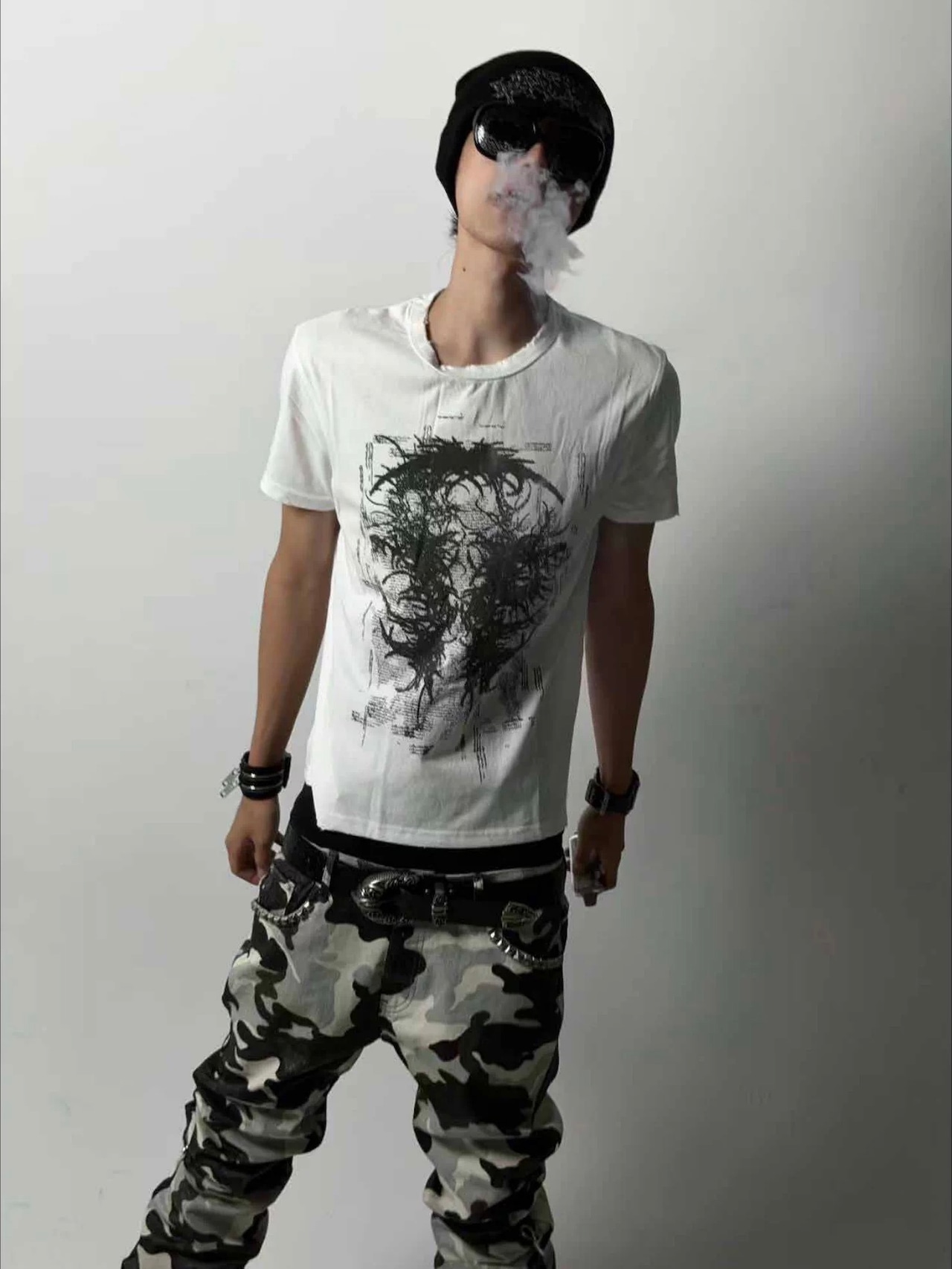 【CinderVein】White Camo Rivet Coated Denim Pants