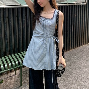stripe nosleeve lace tops　k-0187