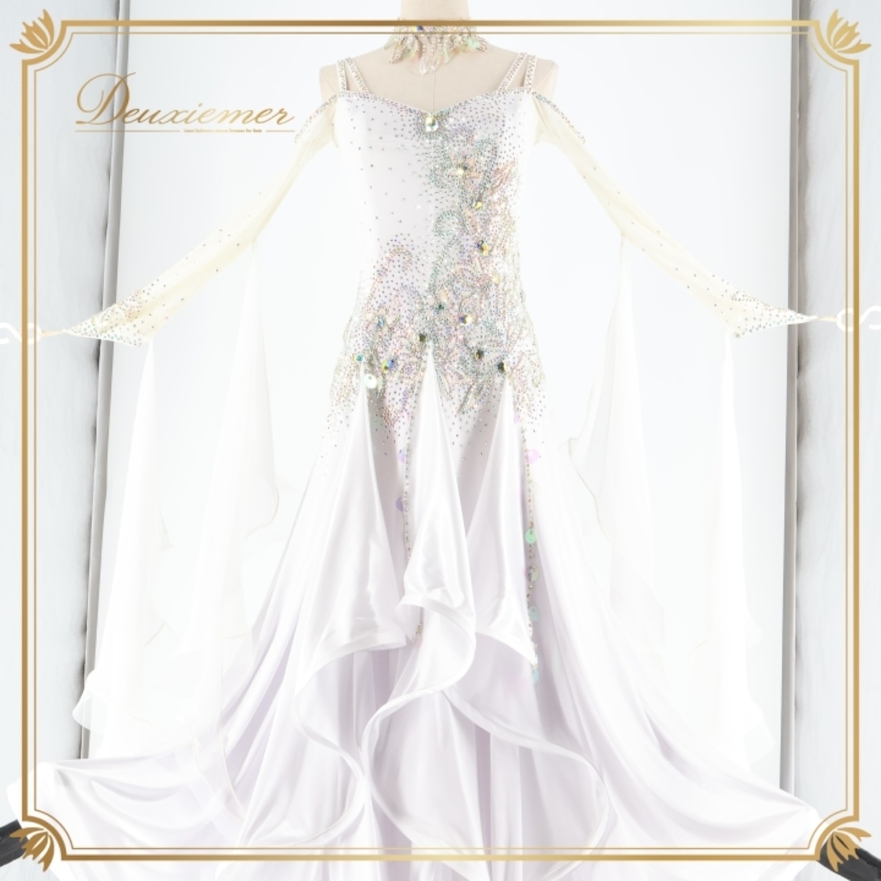 社交ダンス 衣装 スタンダードドレス ドレス スタンダード ワンピース 白 つきおか 無地 デモ 競技 ダンス パーティ 発表会 白 フロート レース ホワイト系 光沢 フリル Mサイズ 高級感 ステージ衣装 競技用 フォーマル