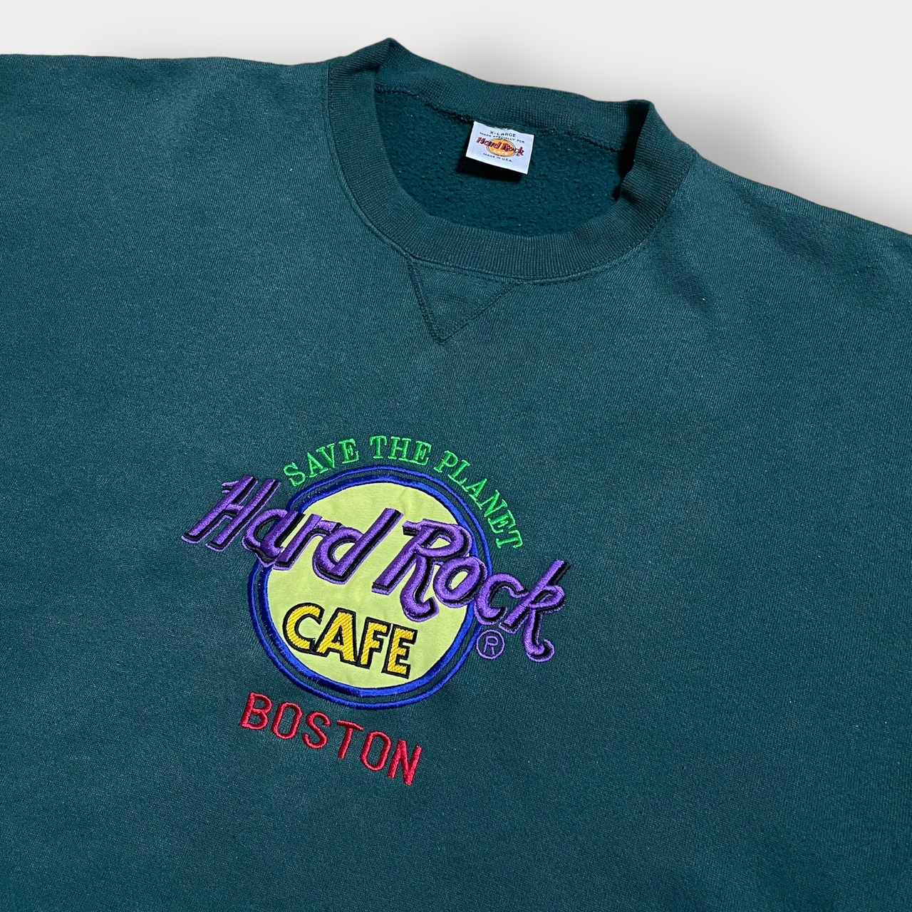 Hard Rock Cafe 90s USA製 スウェット トレーナー ロゴ 刺繍 プルオーバー ディープグリーン ユニセックス XL ビッグサイズ ヴィンテージ  ビンテージ オールド ハードロックカフェ ボストン US古着