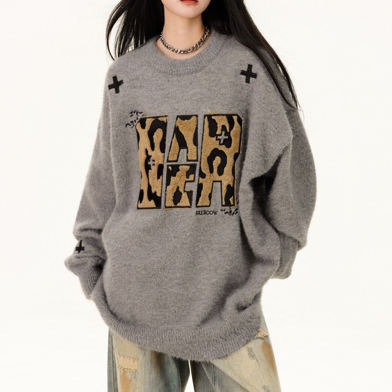 レオパードロゴルーズニット 3col R01338