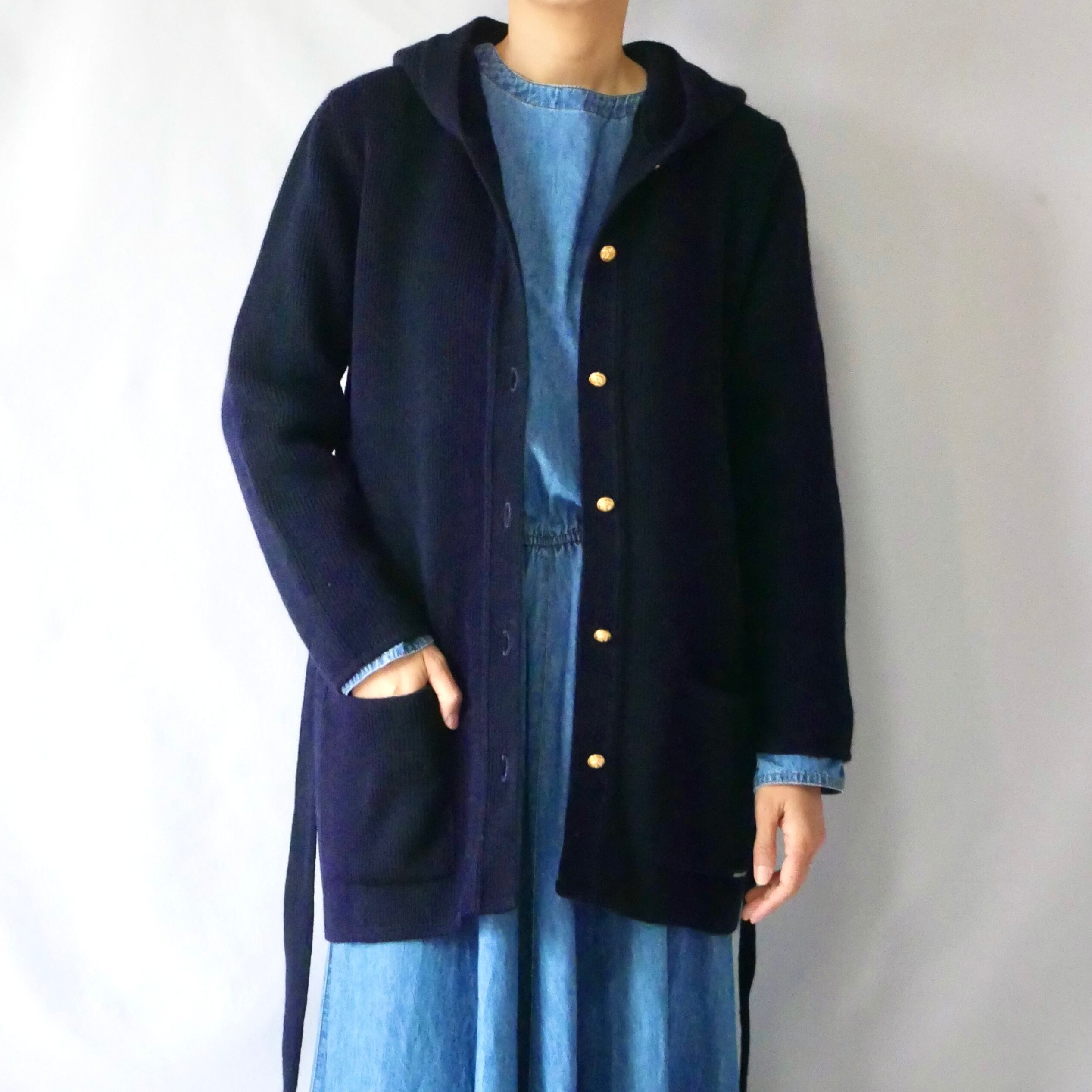 Made in France 80-90s SAINT JAMES navy hooded knit gown 80-90年代
