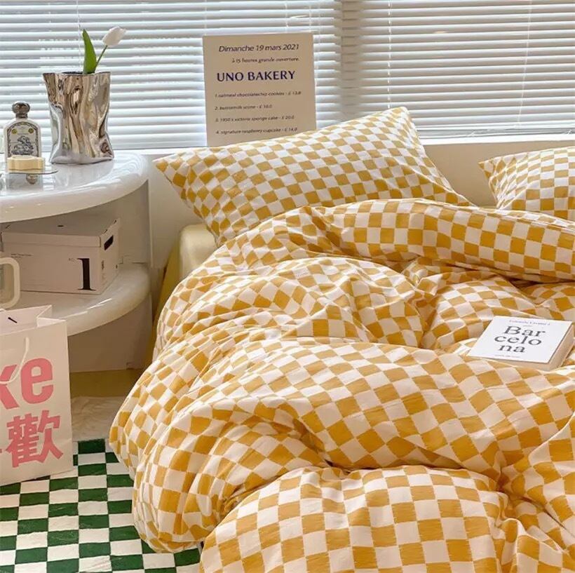 Bed set 4点セット5色 5サイズ チェック寝具セット ピンク・イエロー