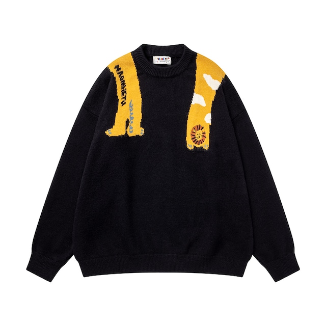 【YITAIシリーズ】★セーター★ 刺繍入り 2color ニットトップス ユニセックス メンズ カートゥーン 黒 灰 ライオン