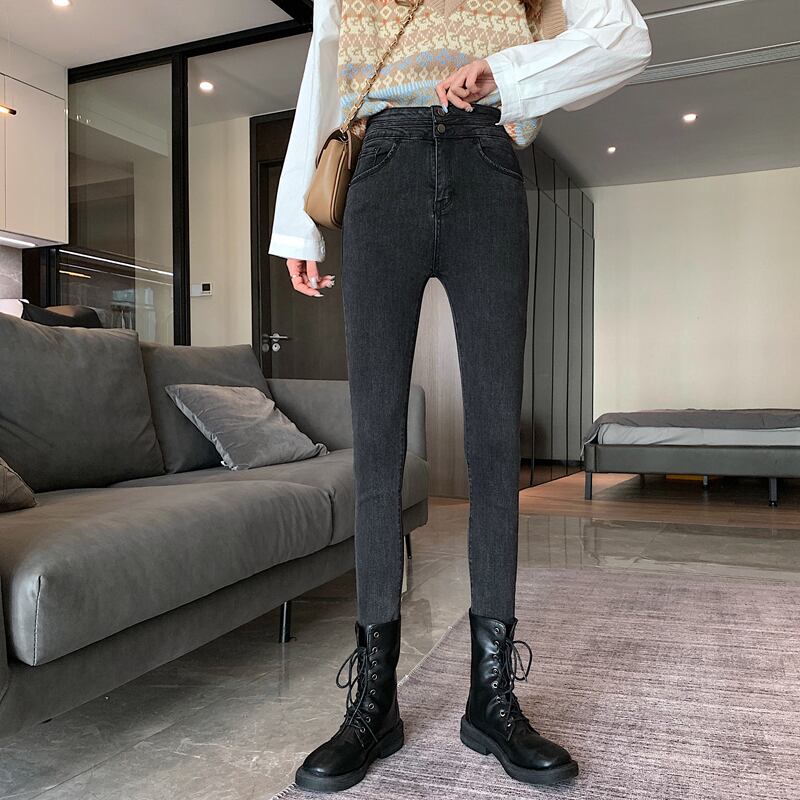 ブラックスキニージーンズ スプリングハイウェスト薄手ストレッチ エラスティック 伸縮 春物 1号婦人32202259835