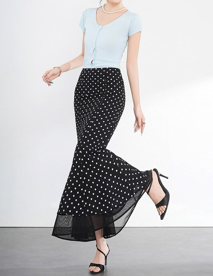 High waist elegant hem lace polka dot long skirt | le cadeau