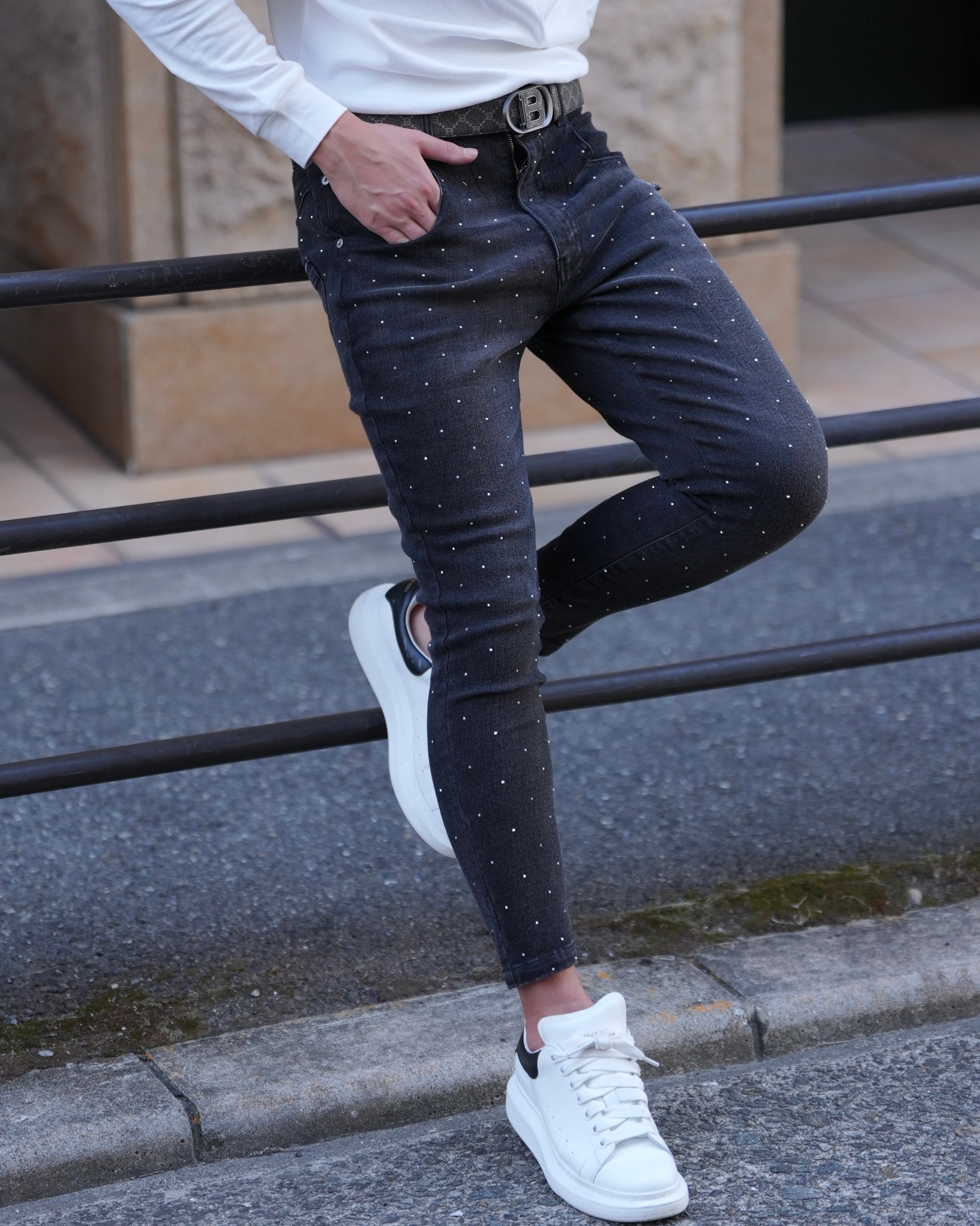 RHINE STONE DENIM PANTS BLACK【OW25BD007】 | BELINDA OFFICIAL