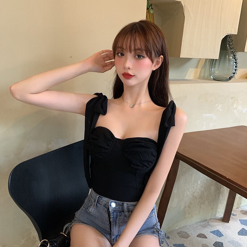 ブラックボウノットノースリーブスモールスリングレディースサマーセクシーインナーベースベスト2020新しいアウターウェアトップトレンド ブラックストロベリース10012444601