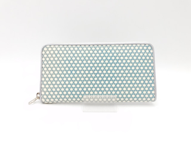 ラウンド長財布 白/青 丸麻の葉柄