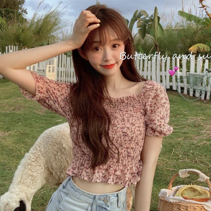 シフォンシャツレディース2020夏ファッション流行の花柄半袖シャツウエストと薄手のトップス 1号婦人15951214478