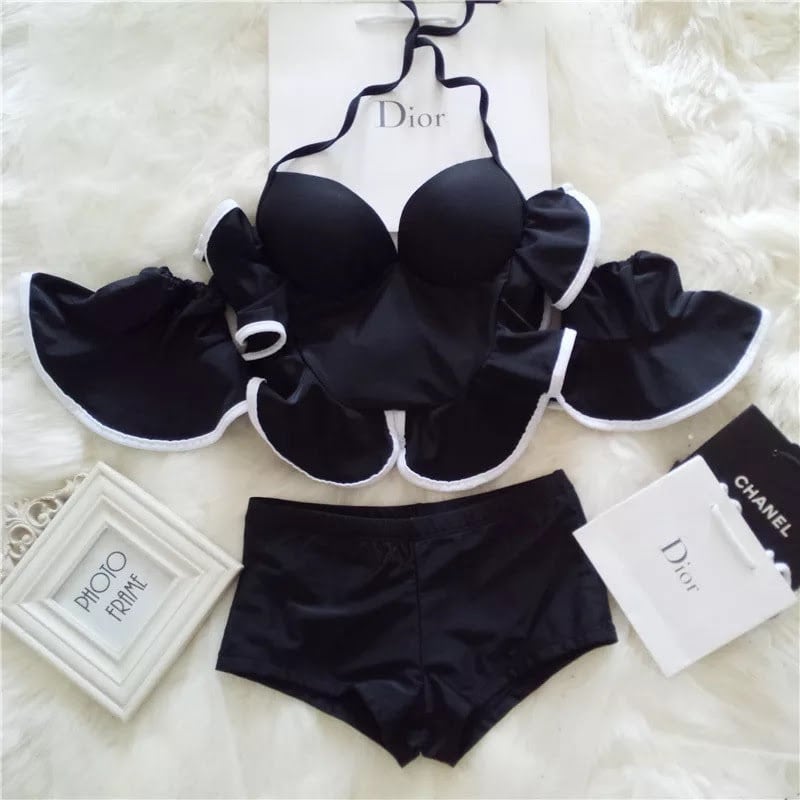 パンダ　フリル付きオフショルダー水着 ブラック　ボーダーズアットバルコニー パンダ フリル付きオフショルダー水着 ブラック ボーダーズアット