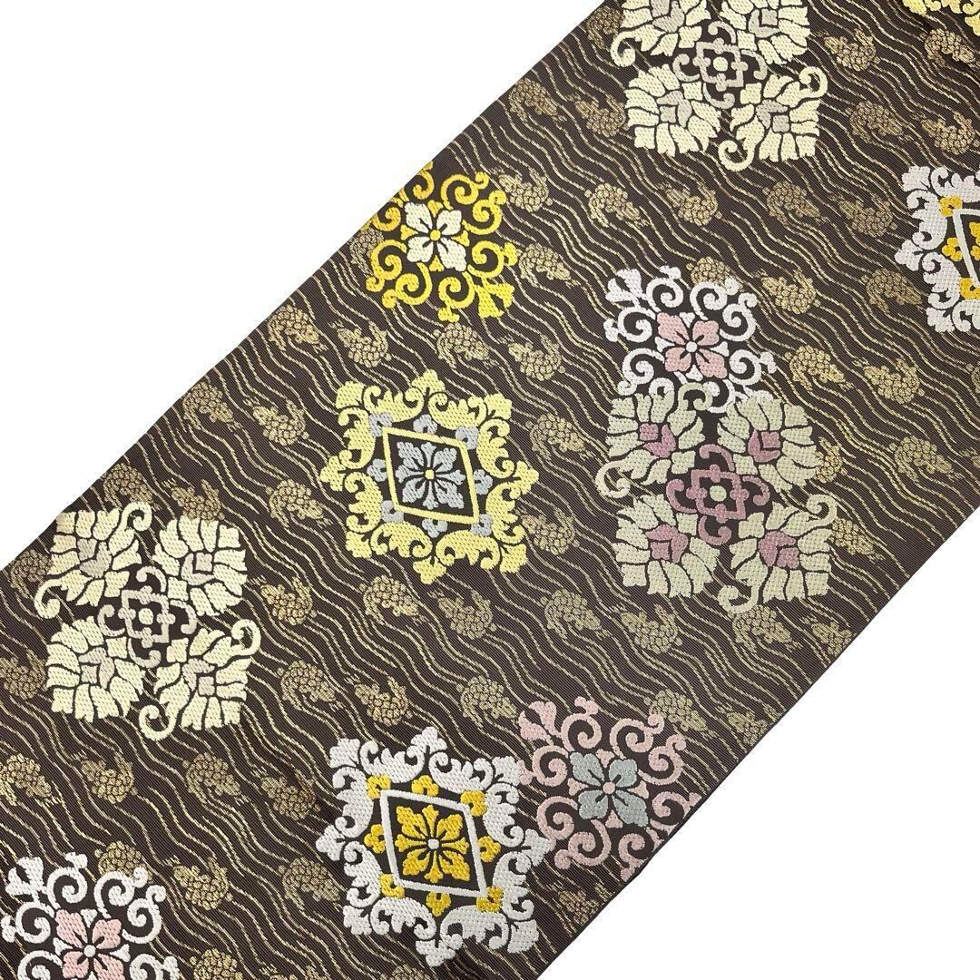 袋帯 荒磯地に菱花文 金糸 茶色 O-3977 