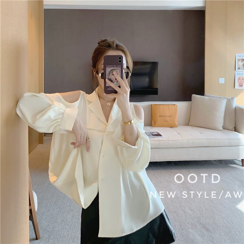 オフショルダーホワイトシャツ女性デザインセンスニッチミドル丈トップス2020年秋新気質オールマッチシャツ ドラファッションホール21664370025
