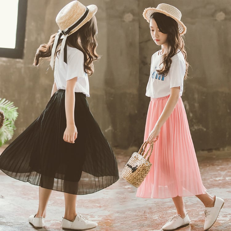 110㎝-160㎝】ロングスカート プリーツ シフォン/全3色 女の子 韓国