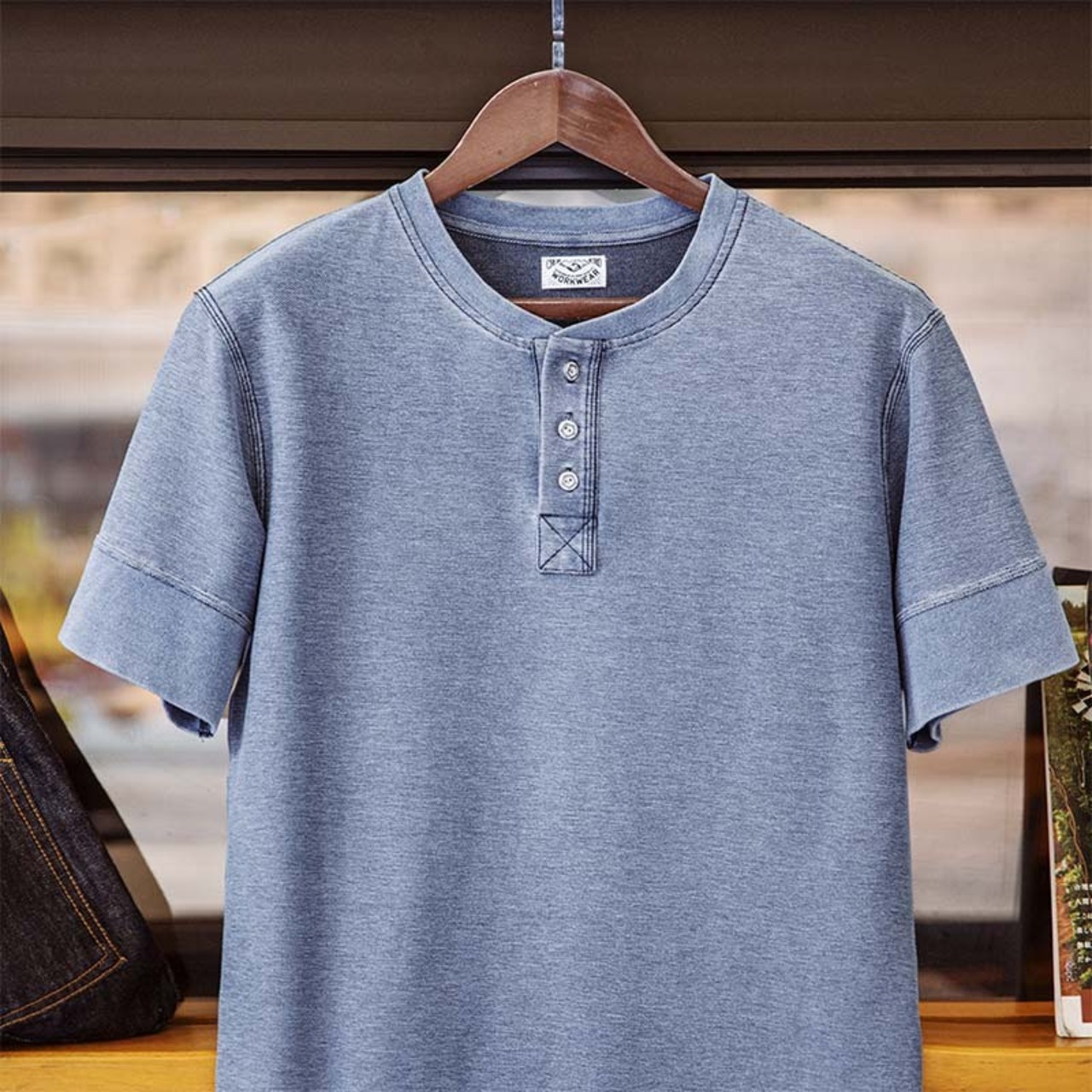 Retro Blue Henry Neck T-shirt / レトロ ブルー ヘンリーネック Tシャツ
