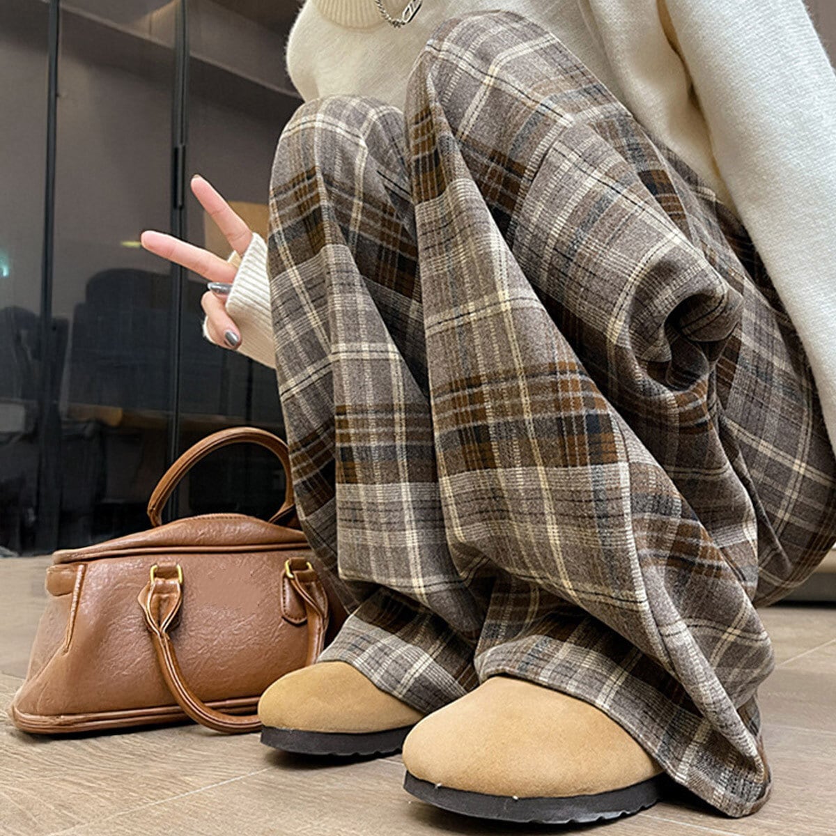 チェック柄 ワイドパンツ レディース 秋冬 韓国 リラックス ゆったり
