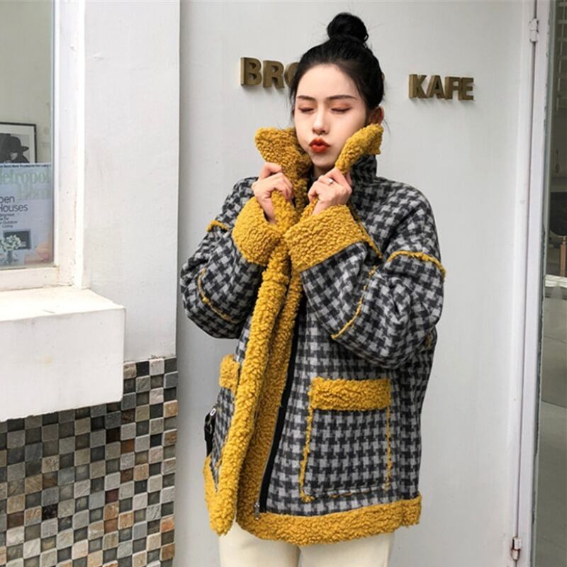 ショート格子柄ウールコート オータムウィンタースタンダードスタイルベルベットトップス レトロ 秋物 冬物 YY-ファッション37086077739