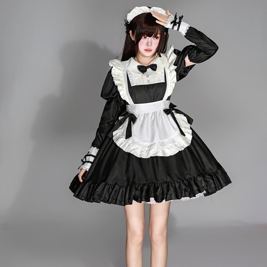 クラシカルメイド ワンピース 黒白フリルエプロン メイドカフェ