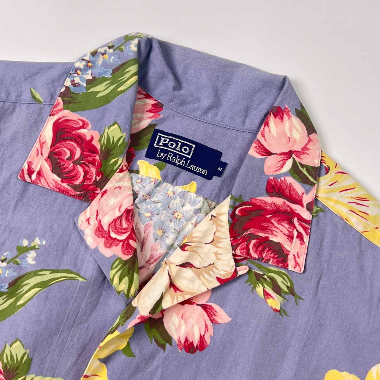 90s Polo Ralph Lauren ラルフローレン 花柄 バラ 半袖 開襟シャツ 柄シャツ アロハシャツ M/くすみブルー系 メンズ ビンテージ 樫山