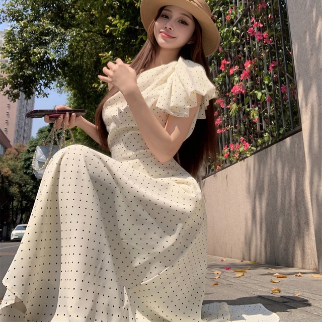 【dress】ワンショルダーリボンドット柄ワンピース　N3045