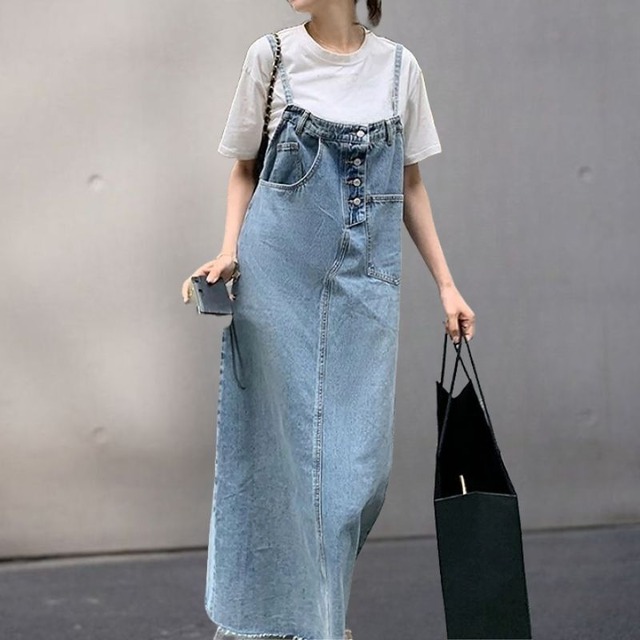 Cut-off asymmetry denim one piece　V2110