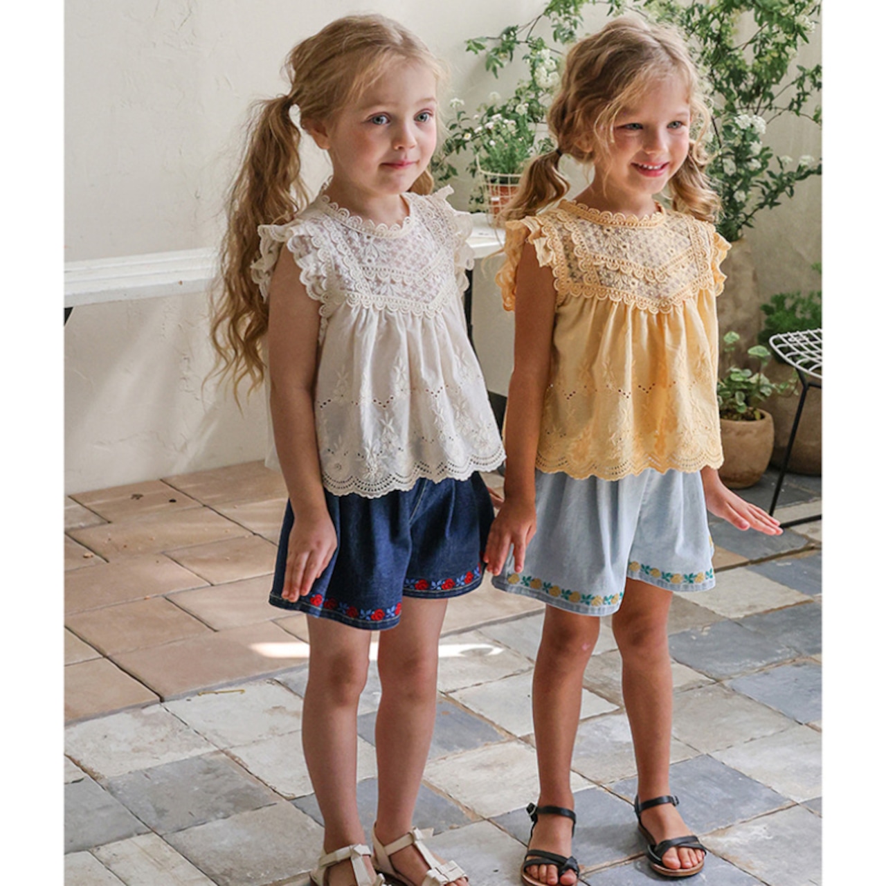 夏花柄刺しゅうショートパンツ