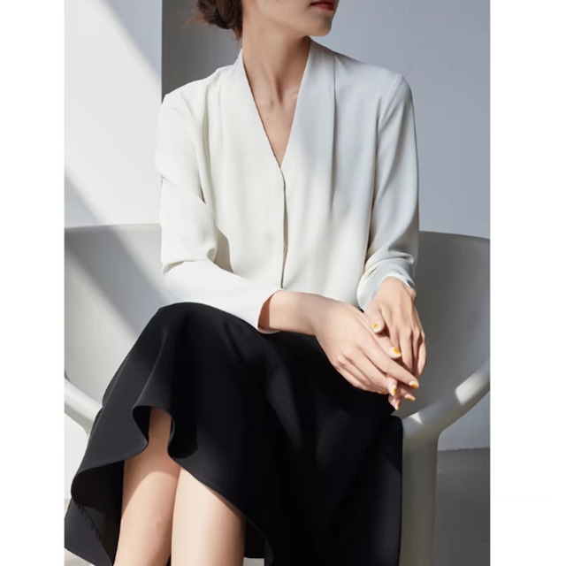 Vネック 長袖 フォーマル ブラウス 2color W01461