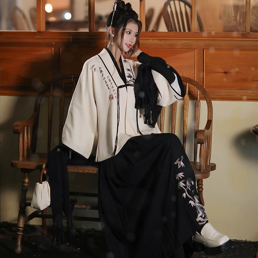 サブカル 服 地雷系 通販 納期30日 チャイナ服 漢服 オールインワン 3点セット割り シャツ 羽織り スカート 漢字刺繍 笹柄 レトロ 大人増し きれいめチャイナ服