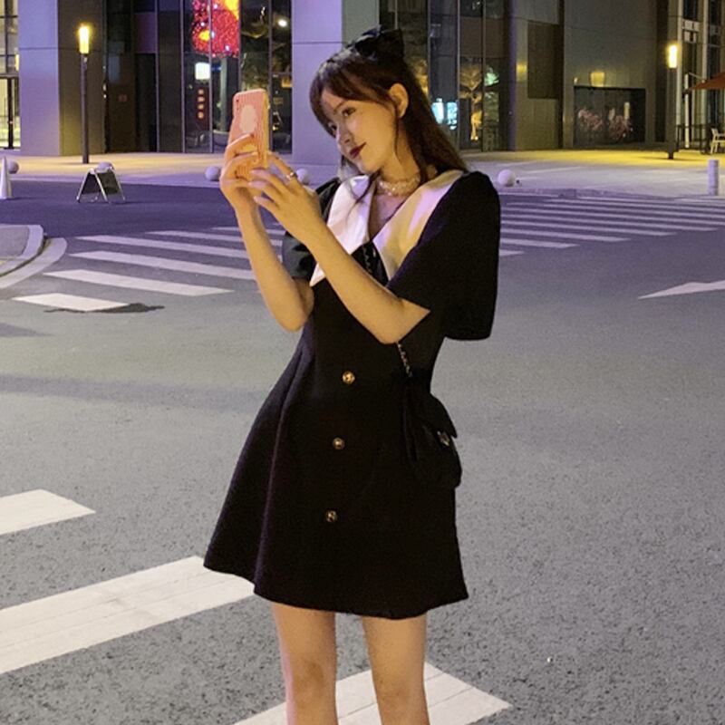 ブラックカラードレス サマースタンダードショートスカート レトロ 夏物 スーパーモール37820206583