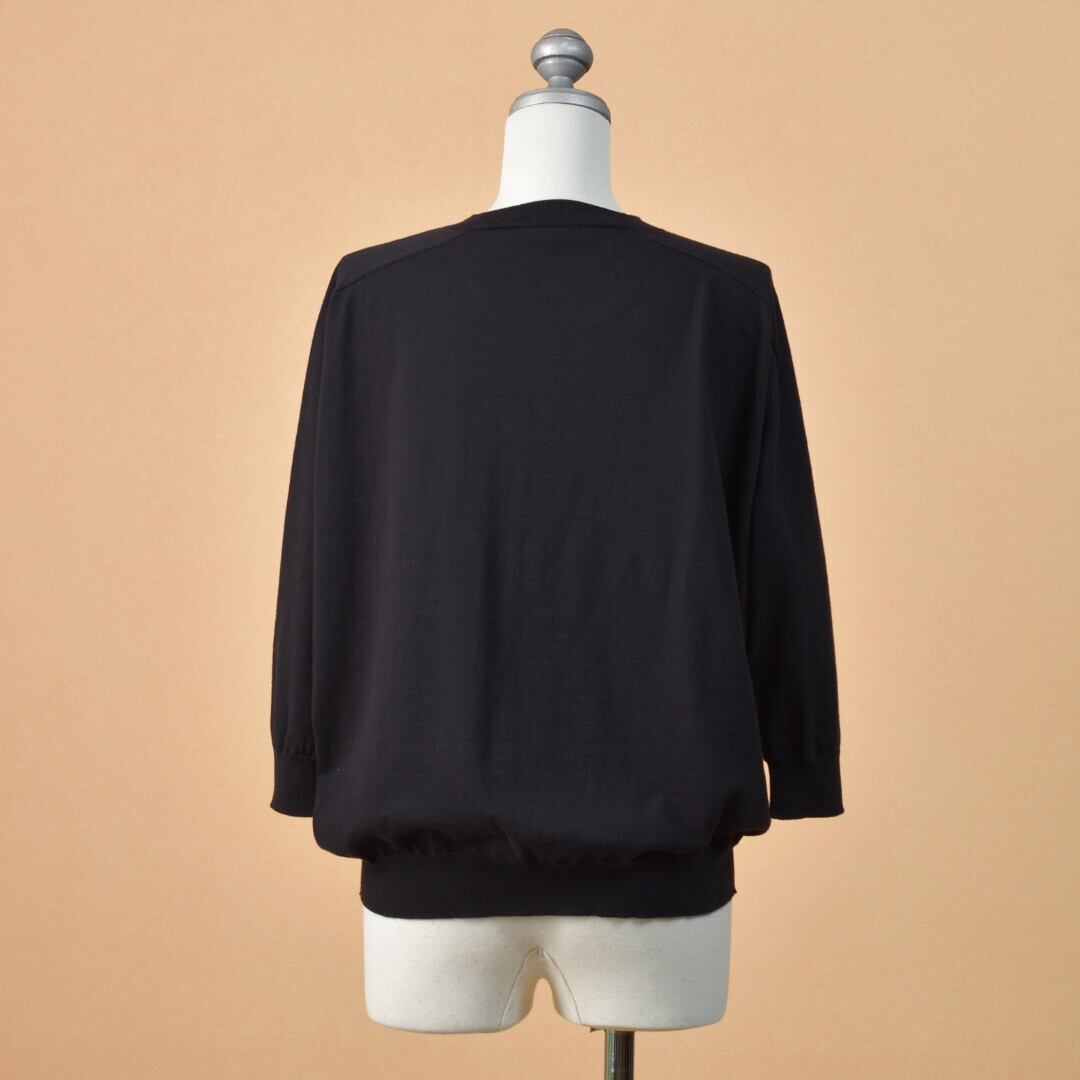 LinenYa リネンや クルーネック7分袖コットンニット・ブラック 柔らかく着心地の良いニットです