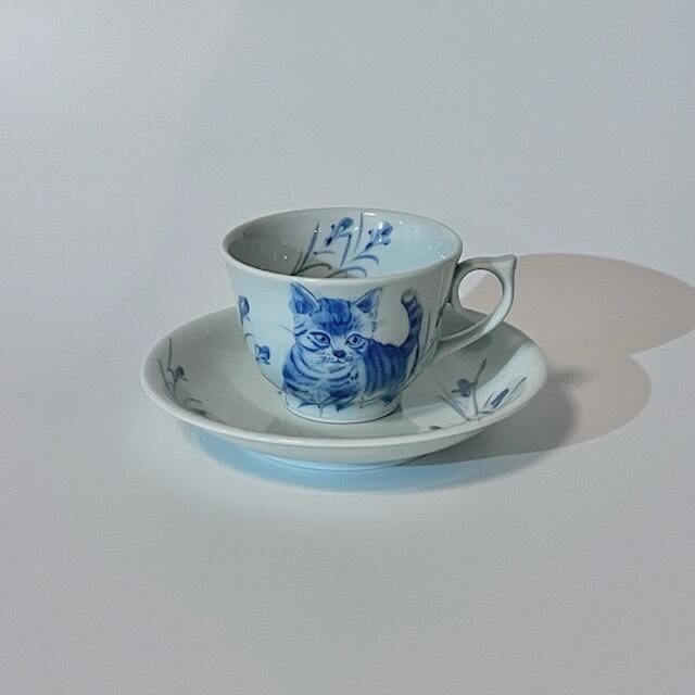 中尾正三郎 作 和猫と春草 コーヒー碗皿