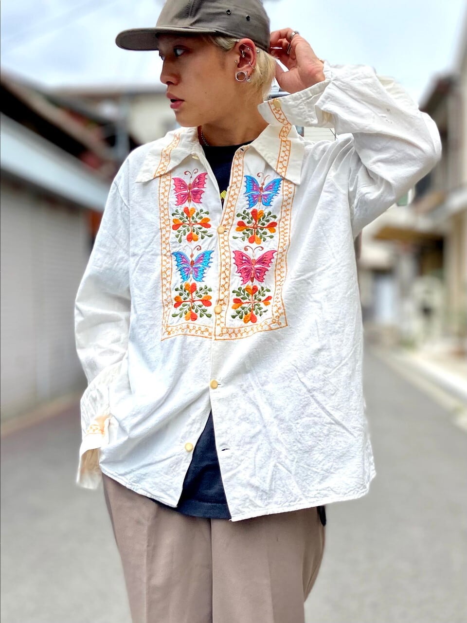 70年代 刺繍 コットン 長袖 メキシカンシャツ メンズL相当 古着 70s 