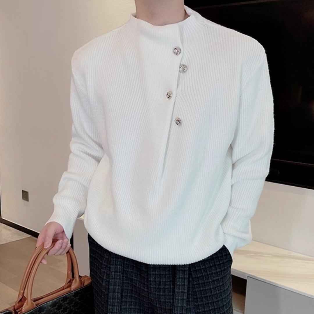 アシンメトリー メタルボタンボトルネックリブニット 4カラー D12171