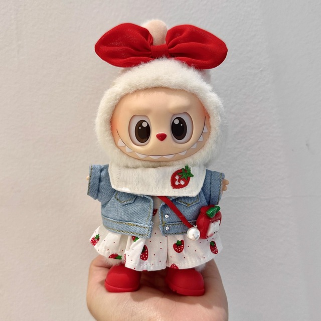LABUBU ラブブ 15/17cm対応♪ デニムジャケット×イチゴスカートの甘めコーデ リボン・靴・りんごショルダー付き 高品質フルセット