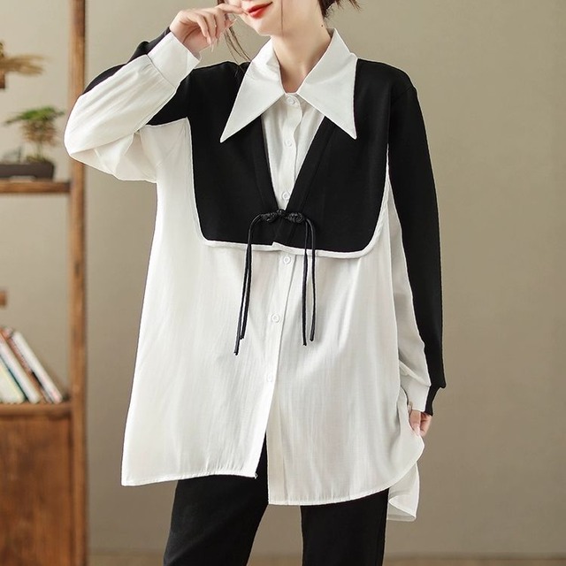 FAKE-2-PIECE STITCH DESIGN LONG SLEEVES SHIRT 2colors M-8976
