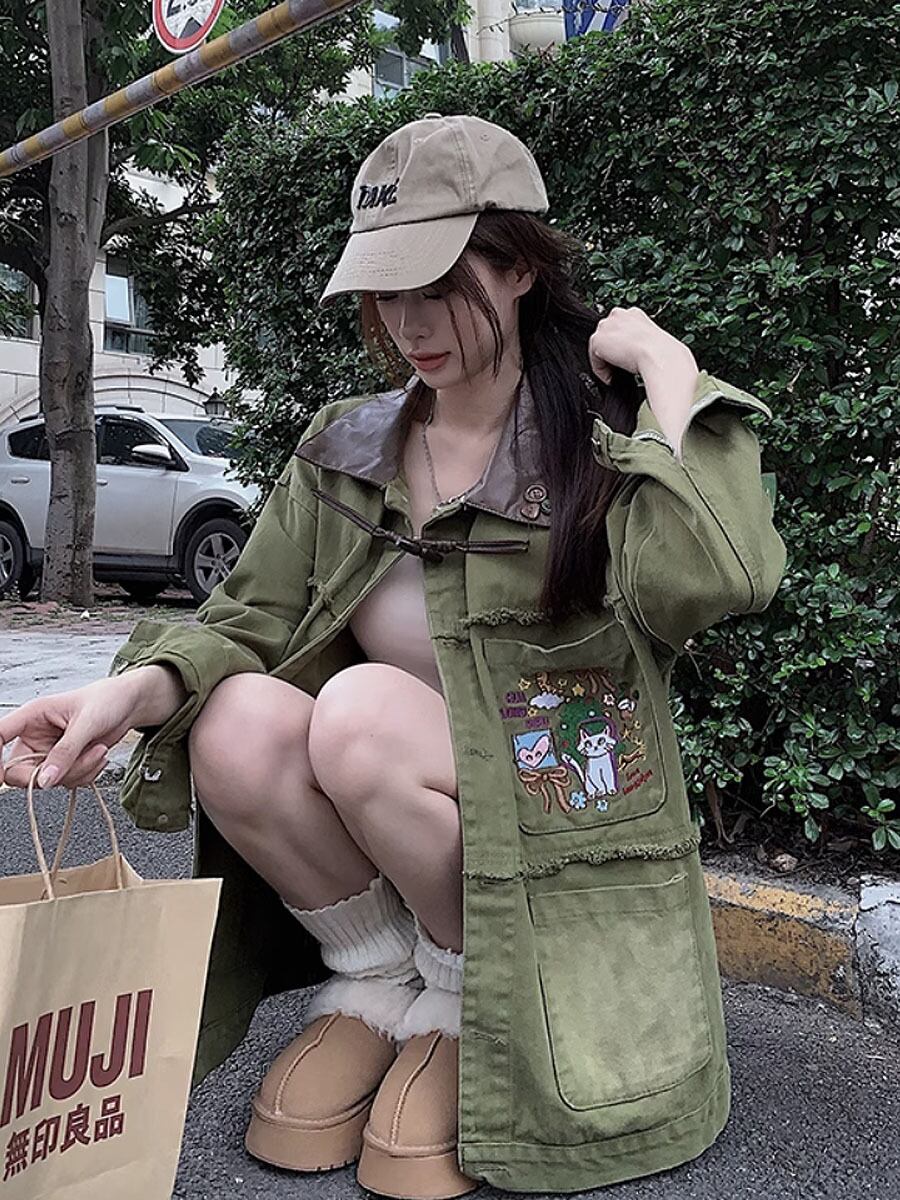 全2色 ポイントPUレザー刺繍Gジャン デニムジャケット ブルゾン