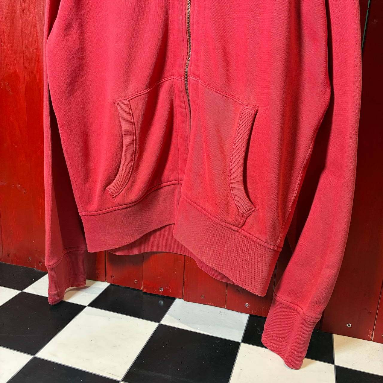 90s POLO RALPH LAUREN ジップパーカー フェードレッド 紺ポニー フード裏サーマル