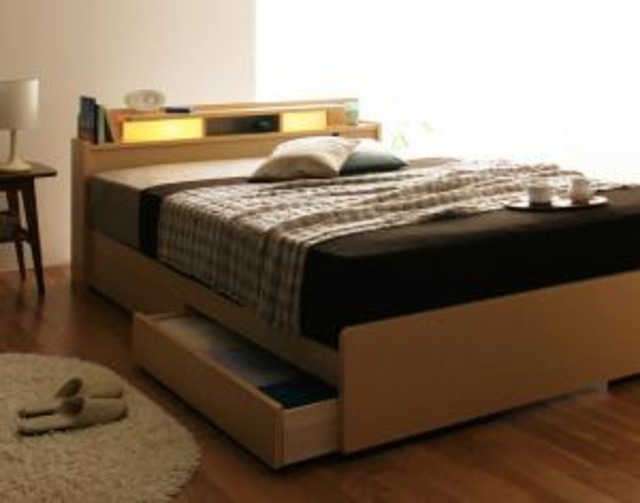 照明・棚付き収納ベッド ポケットコイルマットレス付き シングル