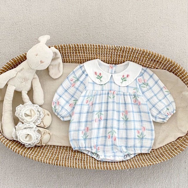 【BABY】チューリップチェックロンパース