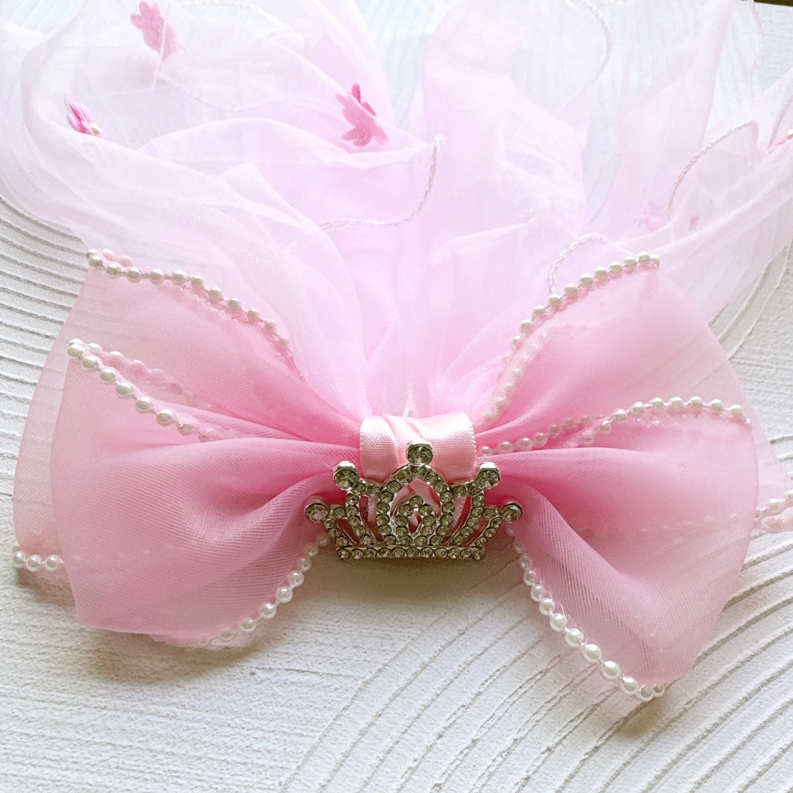 小さめ王冠お花付きリボンベールヘアバンド